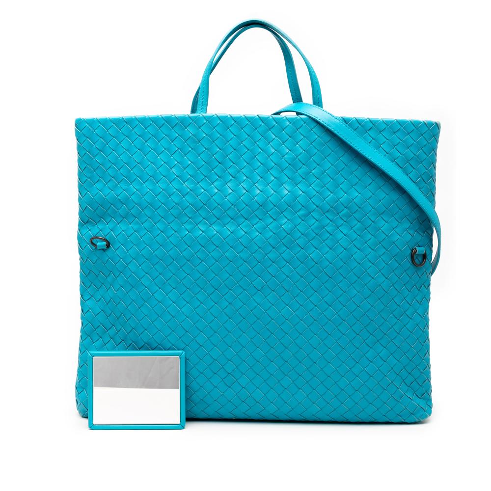 Bottega Veneta B Bottega Veneta Blue Aqua Nappa Leather Leather Nappa Intrecciato Fold Over Tote Italy