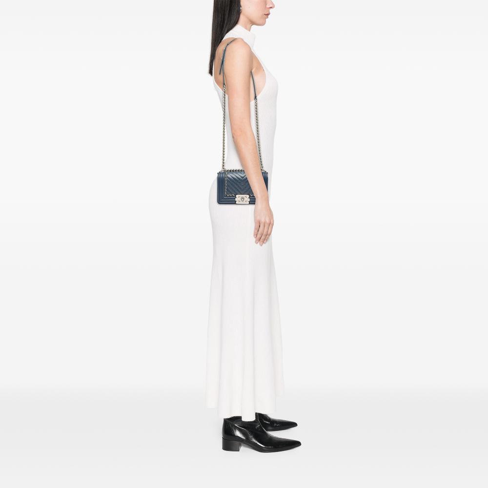 Chanel AB Chanel Blue Navy Calf Leather Small Chevron Aged skin Jacket Boy Flap France