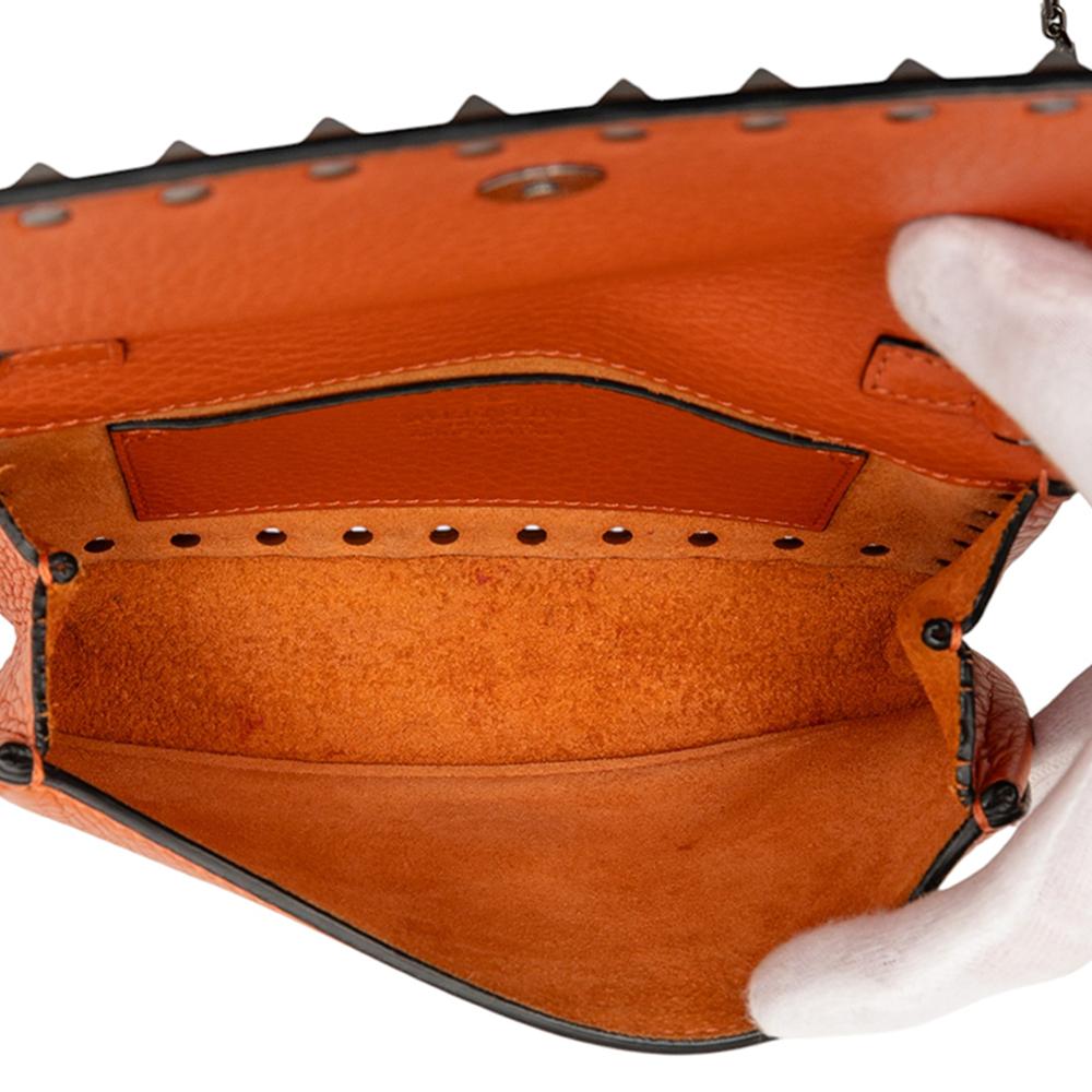 Valentino B Valentino Orange Calf Leather Pebbled skin Rockstud Clutch on Chain Italy