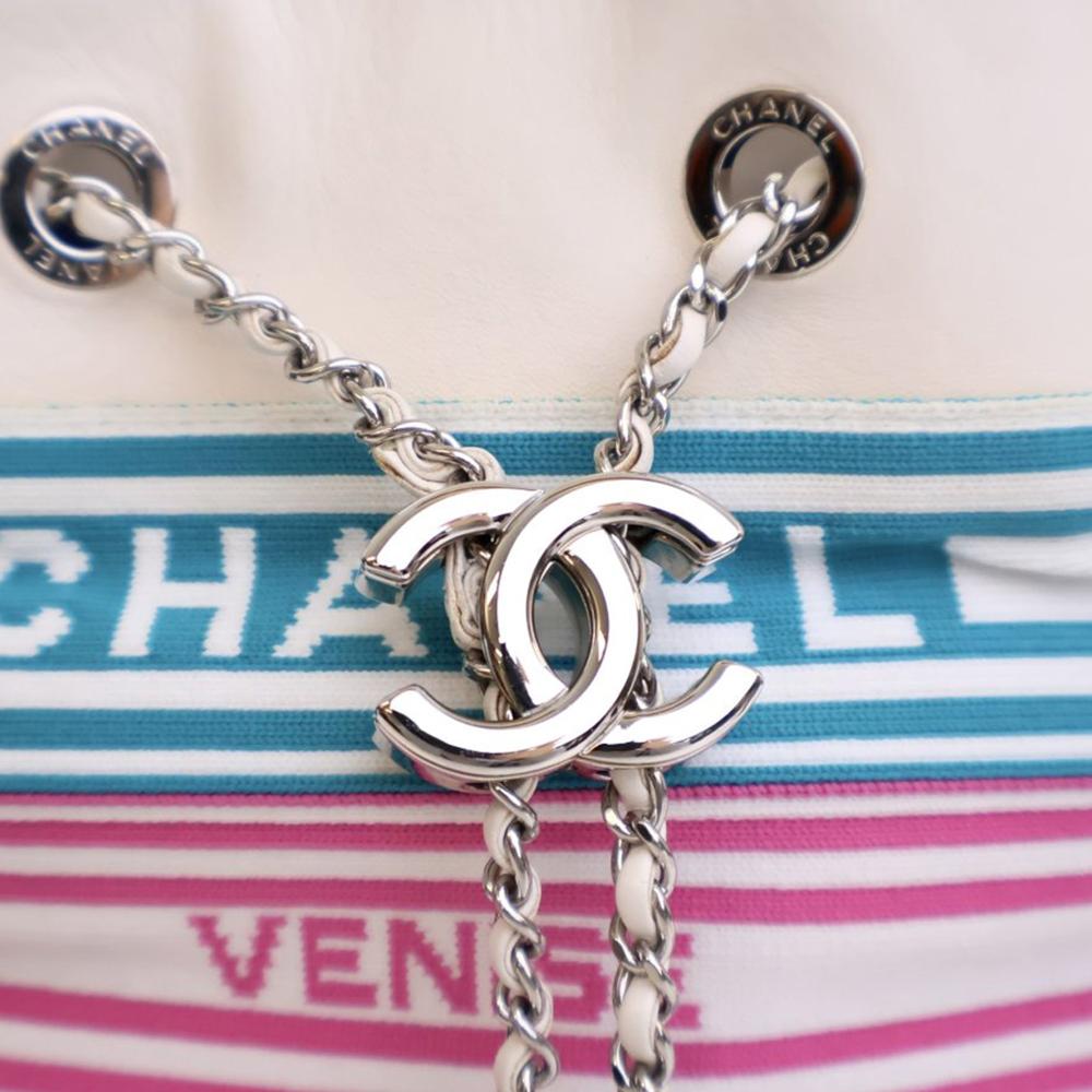 Chanel AB Chanel White with Multi Fiber Fabric Mixed s and Aged Calfskin Venise Biarritz Bucket Bag Italy