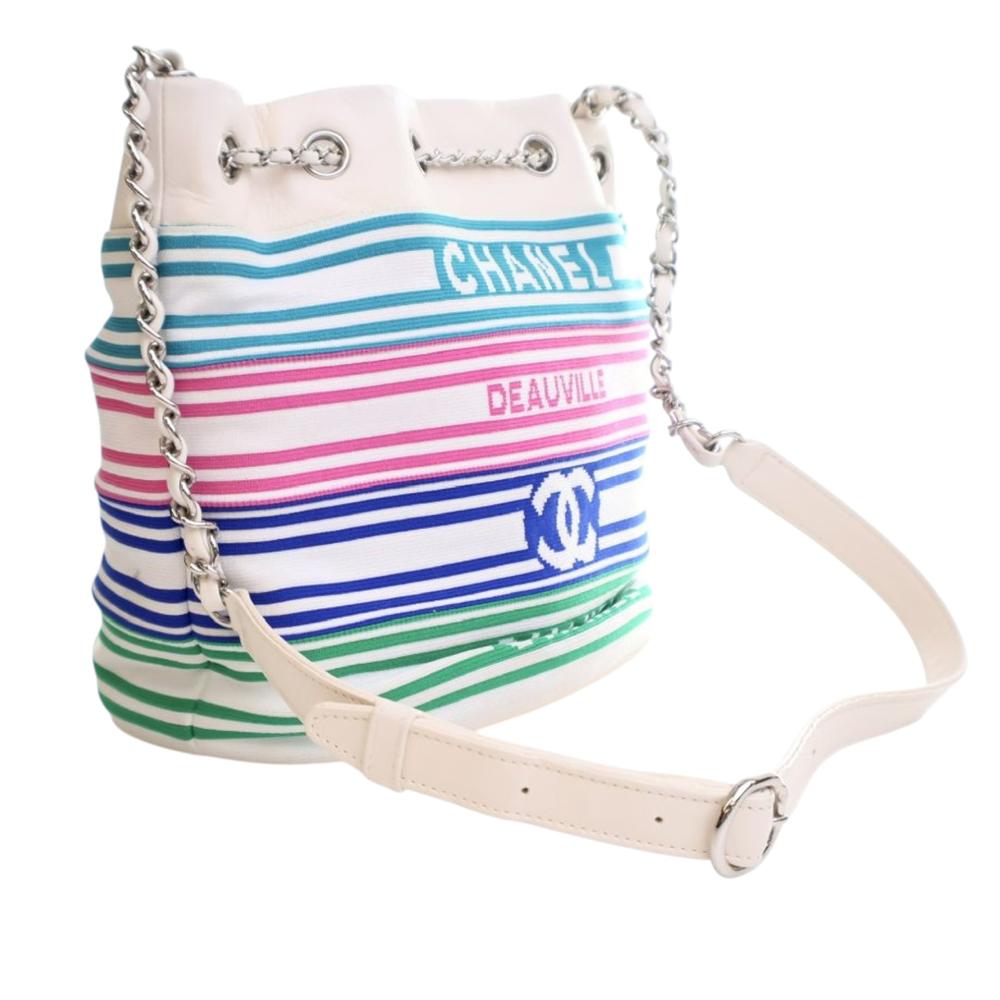 Chanel AB Chanel White with Multi Fiber Fabric Mixed s and Aged Calfskin Venise Biarritz Bucket Bag Italy