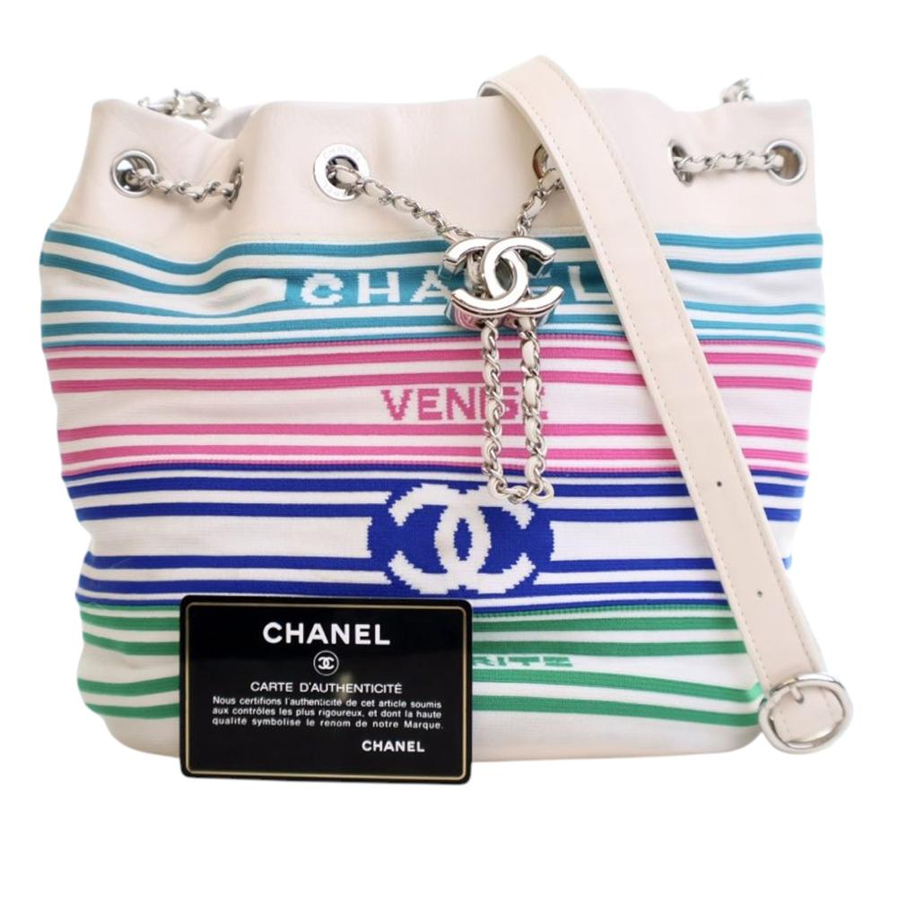Chanel AB Chanel White with Multi Fiber Fabric Mixed s and Aged Calfskin Venise Biarritz Bucket Bag Italy