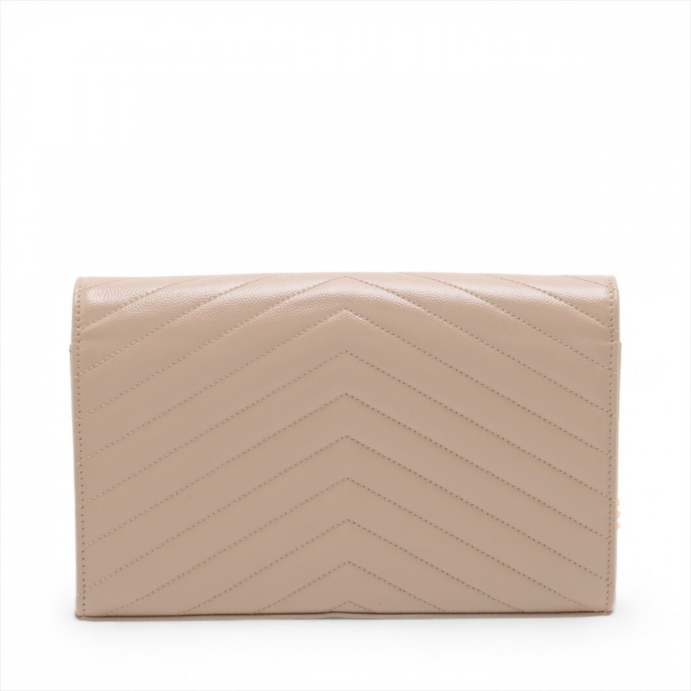 Saint Laurent Cassandre Classic Grained Calfskin Leather Chevron Quilted Wallet on Chain Shoulder Bag Beige
