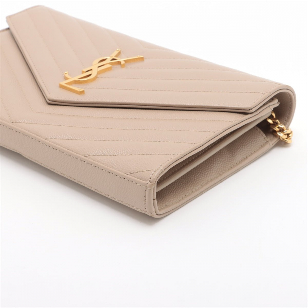 Saint Laurent Cassandre Classic Grained Calfskin Leather Chevron Quilted Wallet on Chain Shoulder Bag Beige
