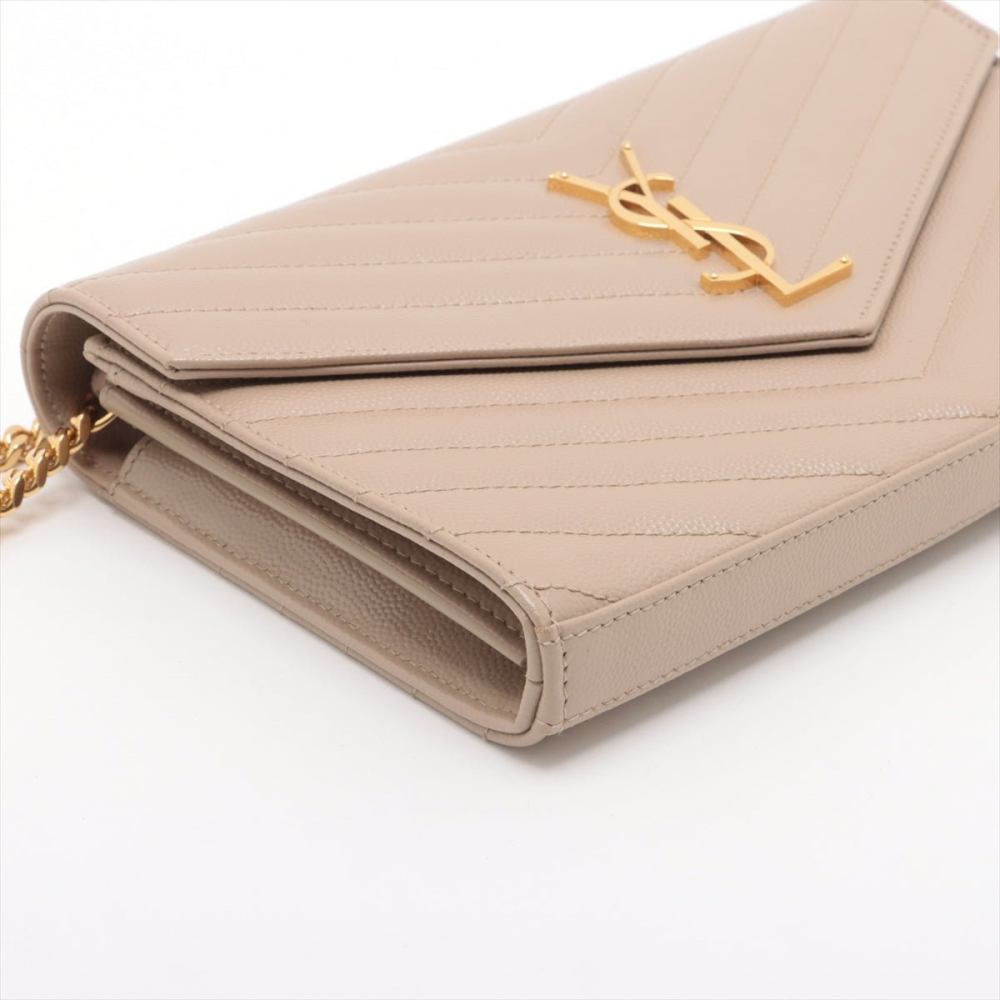 Saint Laurent Cassandre Classic Grained Calfskin Leather Chevron Quilted Wallet on Chain Shoulder Bag Beige