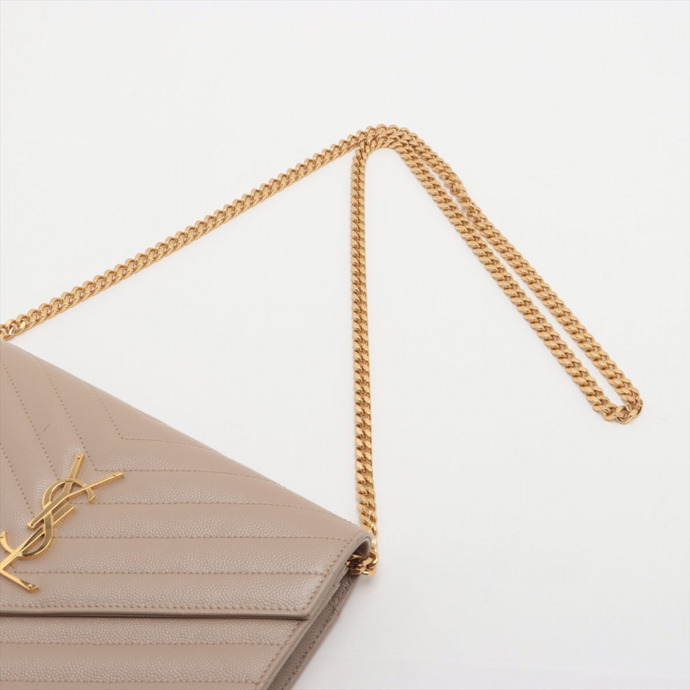 Saint Laurent Cassandre Classic Grained Calfskin Leather Chevron Quilted Wallet on Chain Shoulder Bag Beige