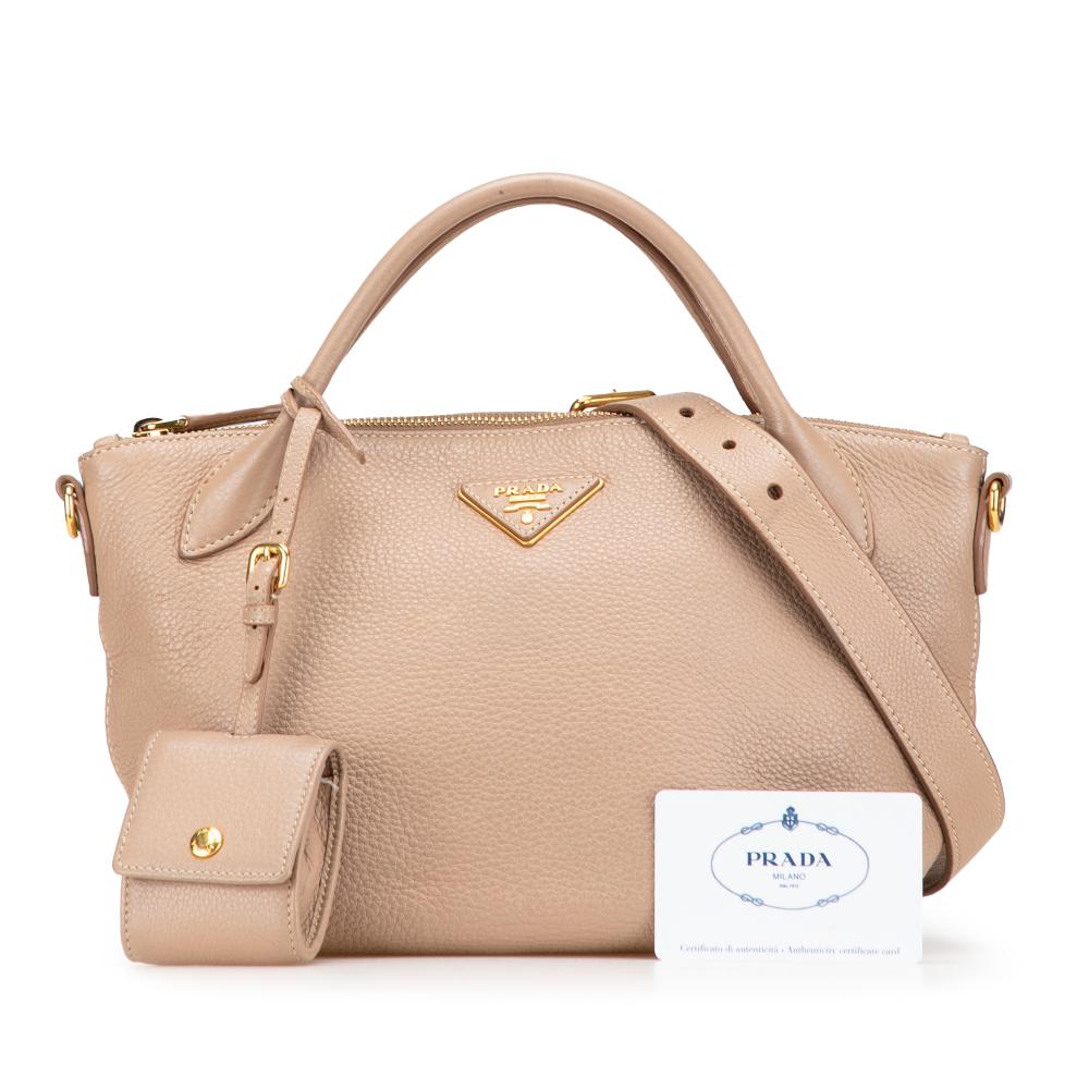 Prada B Prada Brown Beige Calf Leather Vitello Daino Zip Top Satchel Romania