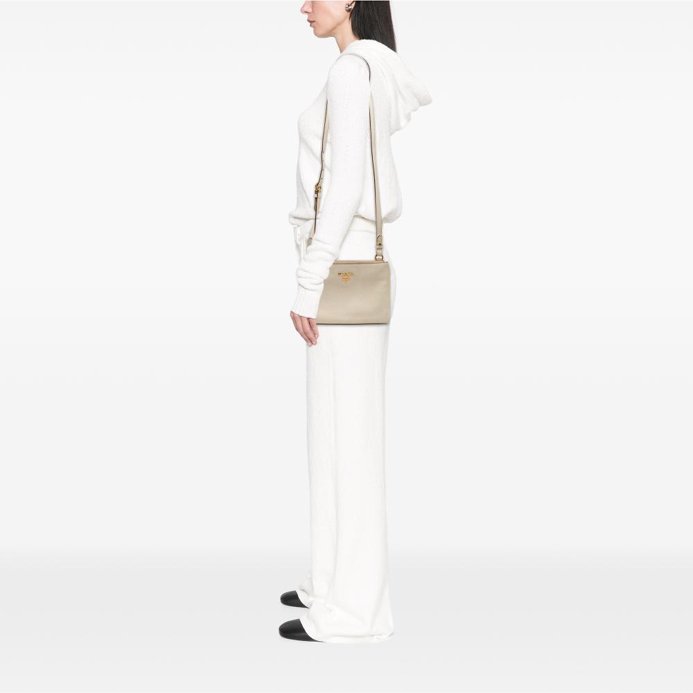 Prada B Prada White Calf Leather Vitello Daino Double Zip Crossbody Romania