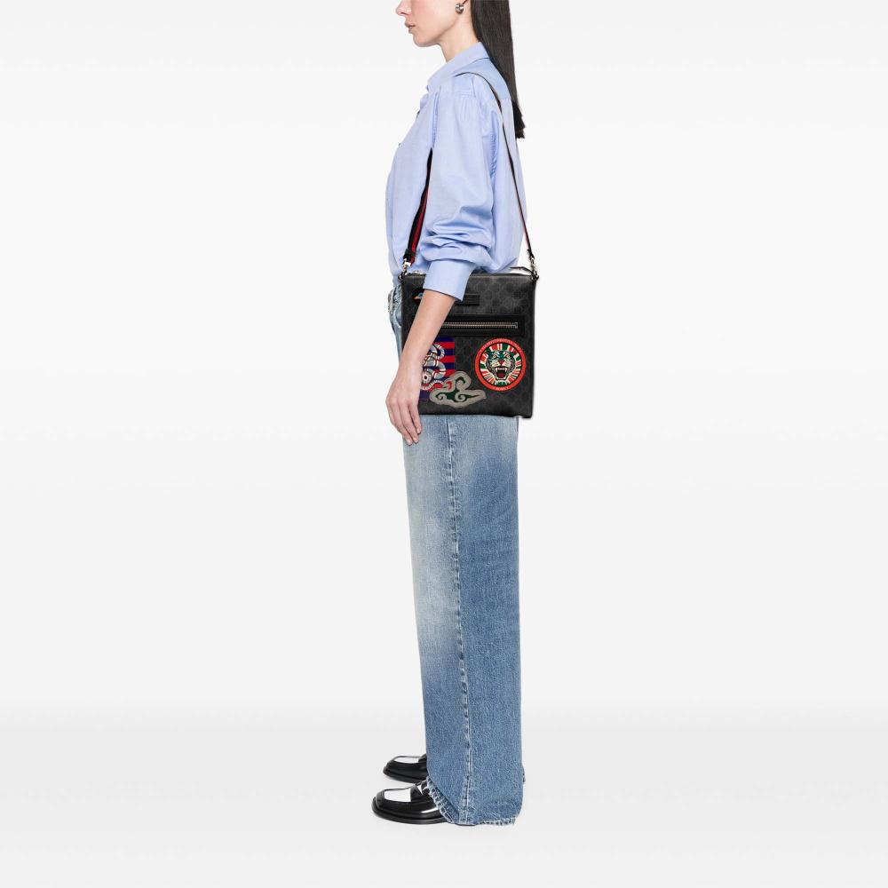 Gucci B Gucci Black Coated Canvas Fabric Medium GG Supreme Night Courier Messenger Bag Italy