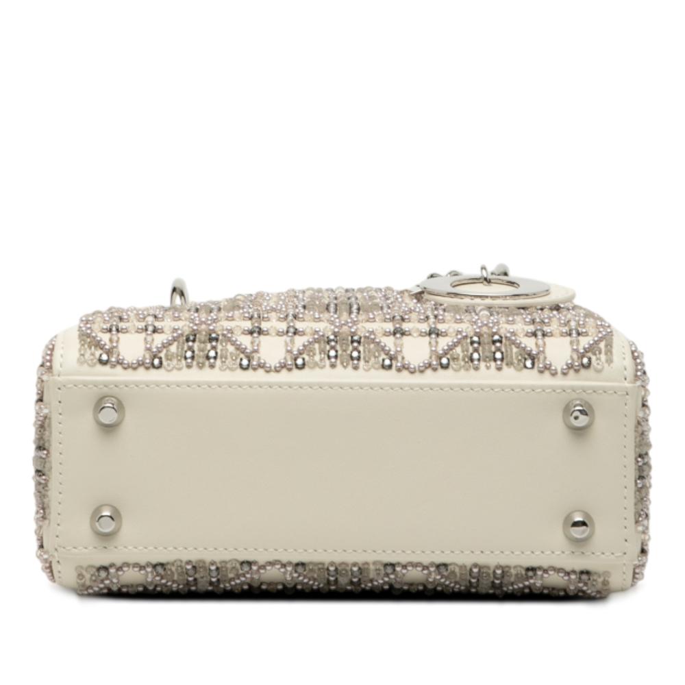 Christian Dior B Dior White Pearl Lambskin Leather Leather Mini Lambskin Cannage Beaded Lady Dior Italy