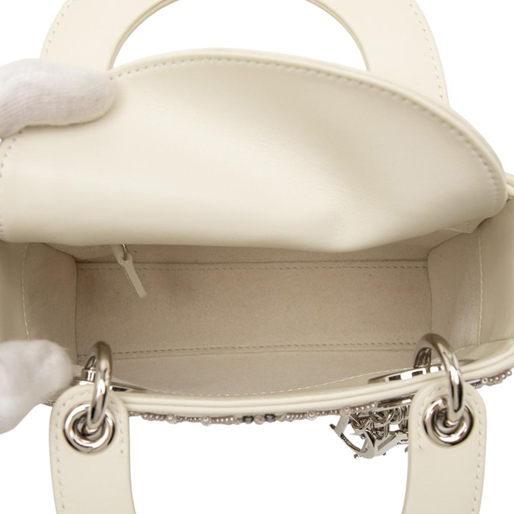 Christian Dior B Dior White Pearl Lambskin Leather Leather Mini Lambskin Cannage Beaded Lady Dior Italy