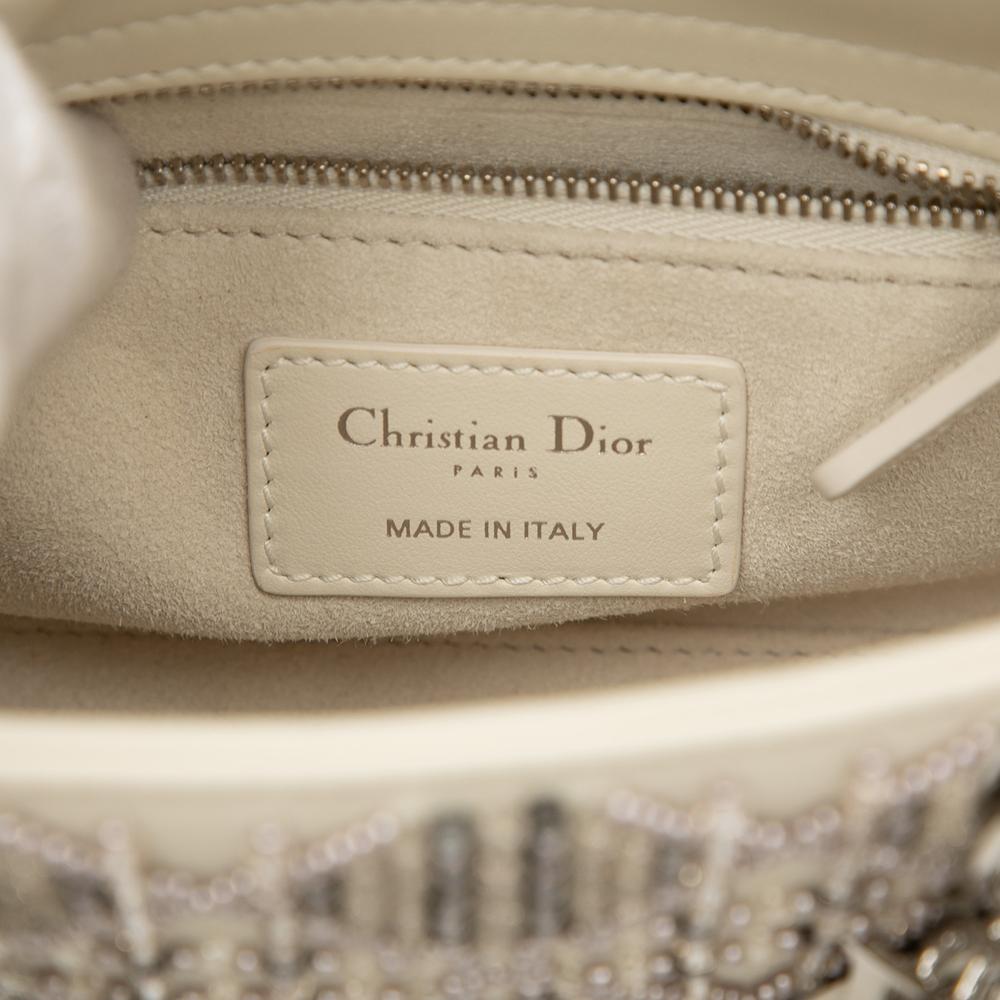 Christian Dior B Dior White Pearl Lambskin Leather Leather Mini Lambskin Cannage Beaded Lady Dior Italy