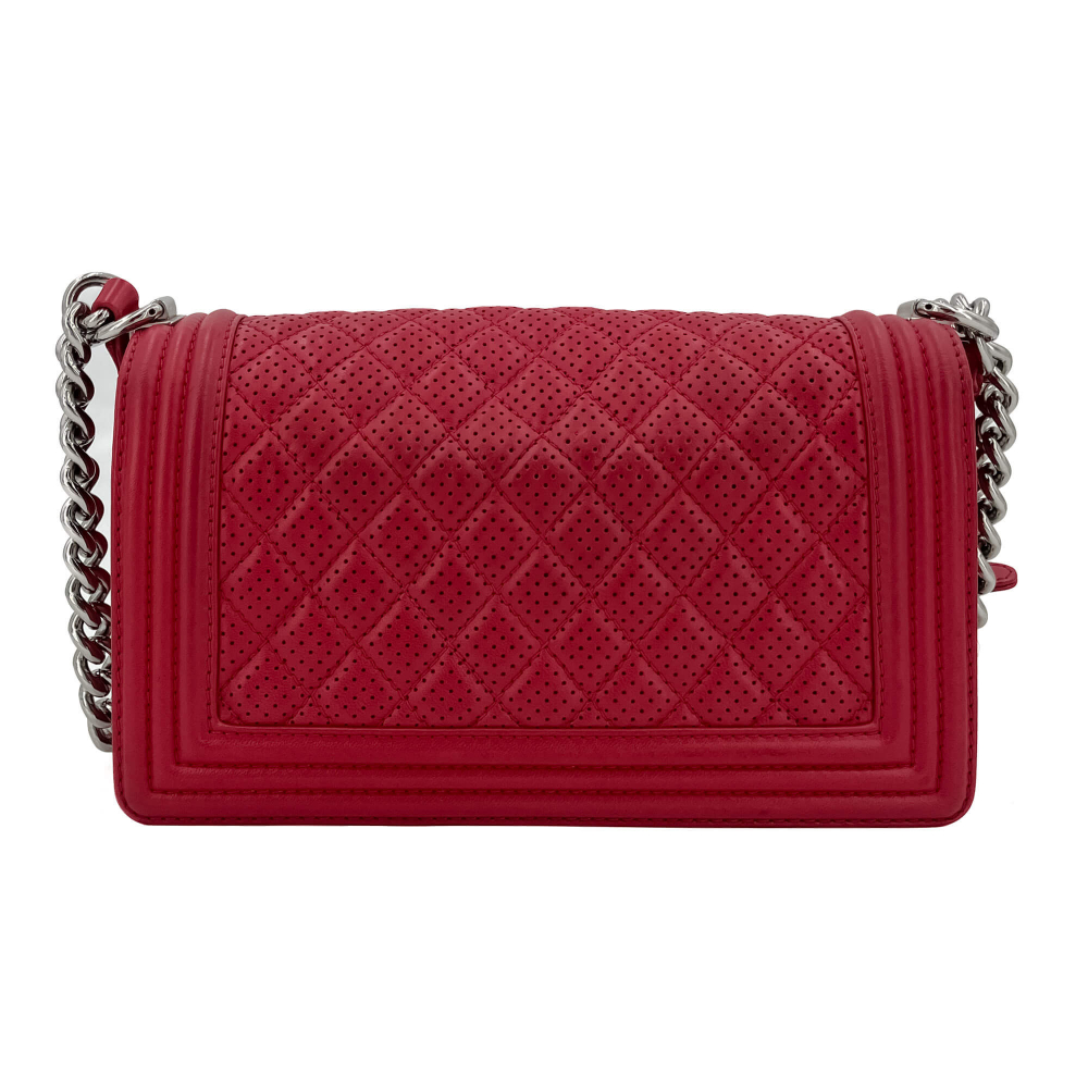 Chanel Boy Medium Perforated Lambskin Leather Flap Bag Raspberry