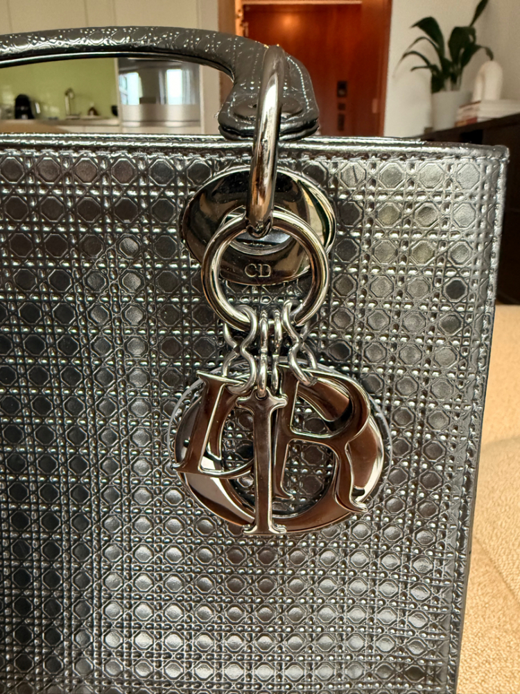 Christian Dior AB Dior Black Patent Leather Leather Medium Metallic Micro Cannage Lady Dior Italy