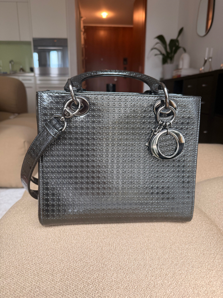 Christian Dior AB Dior Black Patent Leather Leather Medium Metallic Micro Cannage Lady Dior Italy