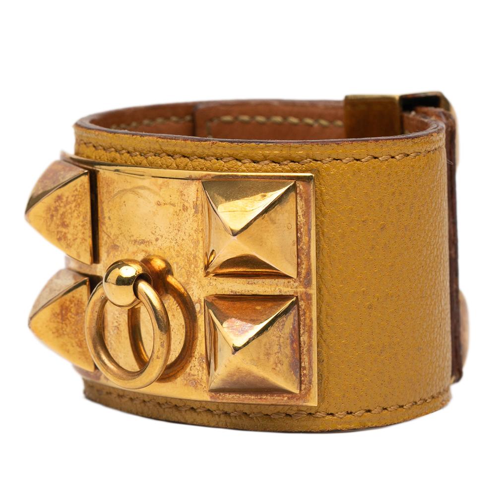 Hermès B Hermès Brown Light Brown Calf Leather and Gold Plated Collier de Chien Bracelet T3 France