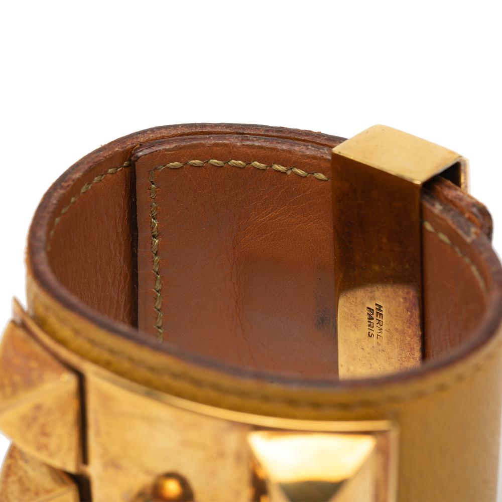 Hermès B Hermès Brown Light Brown Calf Leather and Gold Plated Collier de Chien Bracelet T3 France
