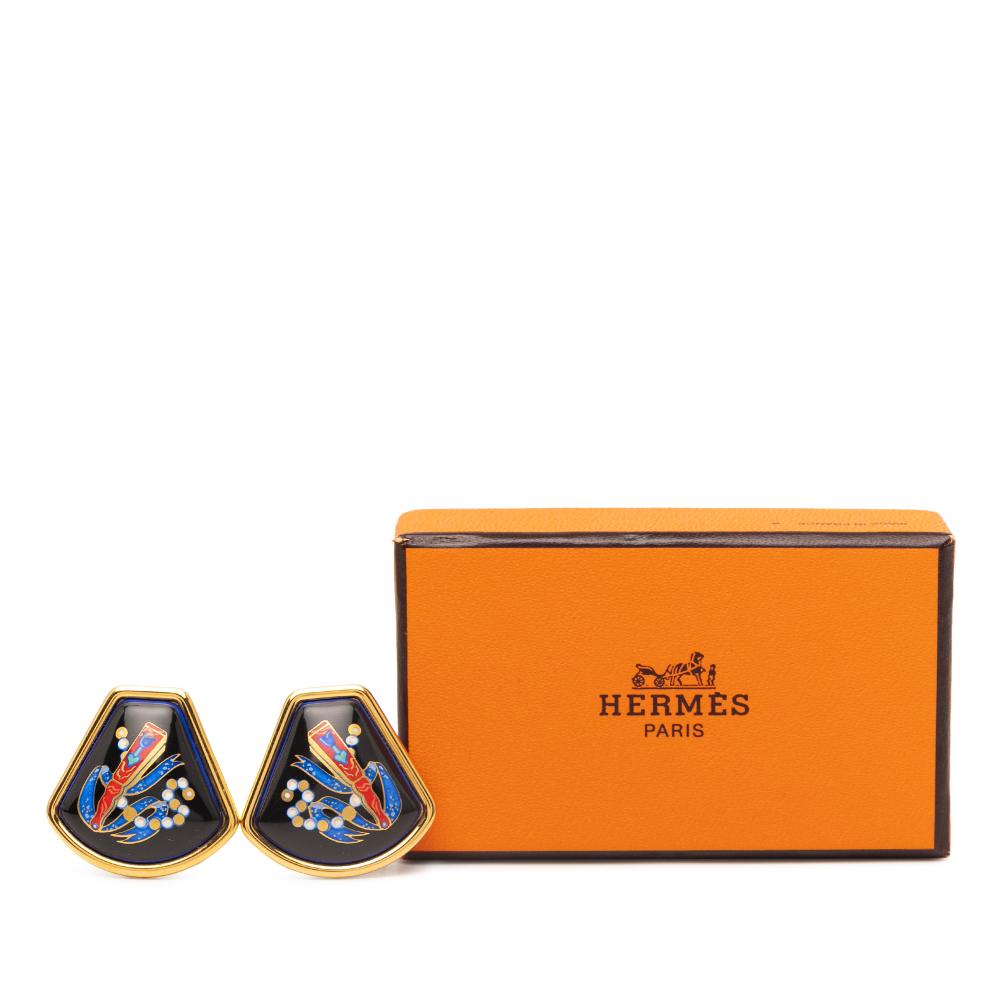 Hermès B Hermès Black with Gold Enamel Other Cloisonne Clip On Earrings France