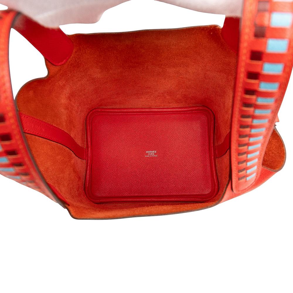Hermès AB Hermès Red with Blue Light Blue Calf Leather Epsom Tressage Picotin Lock 18 France
