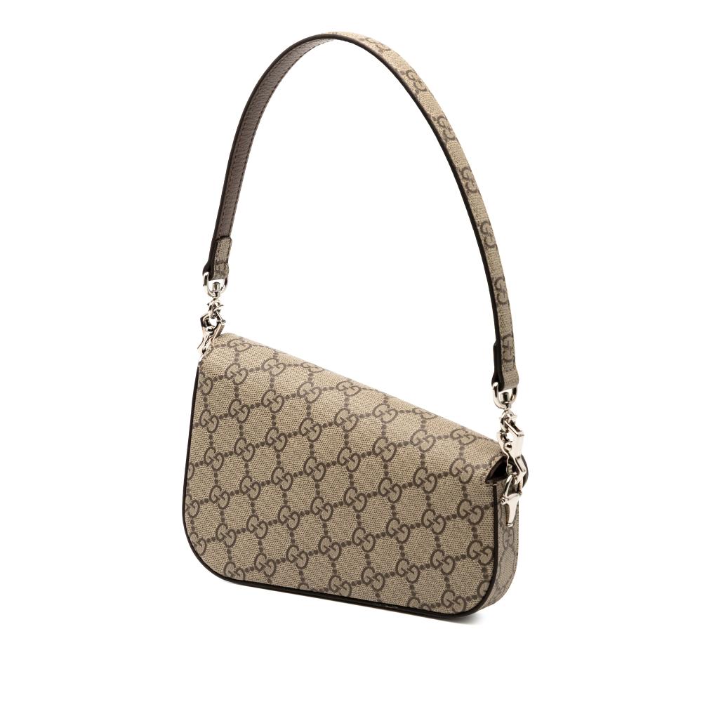 Gucci Brown Beige Coated Canvas Fabric Mini GG Supreme Asymmetric Horsebit 1955 Shoulder Bag Italy