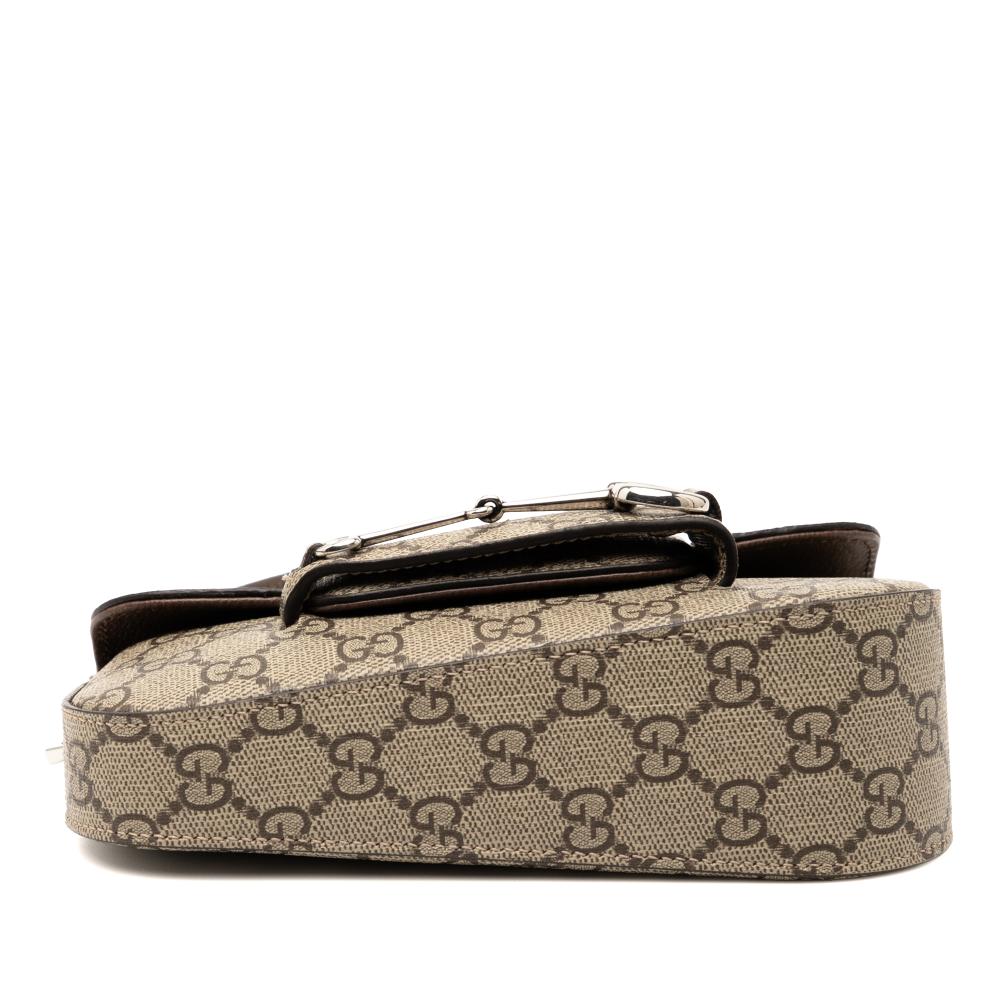 Gucci Brown Beige Coated Canvas Fabric Mini GG Supreme Asymmetric Horsebit 1955 Shoulder Bag Italy