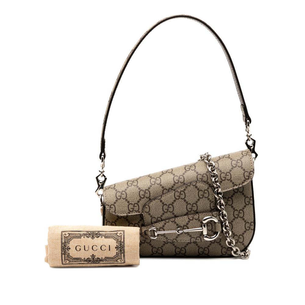 Gucci Brown Beige Coated Canvas Fabric Mini GG Supreme Asymmetric Horsebit 1955 Shoulder Bag Italy