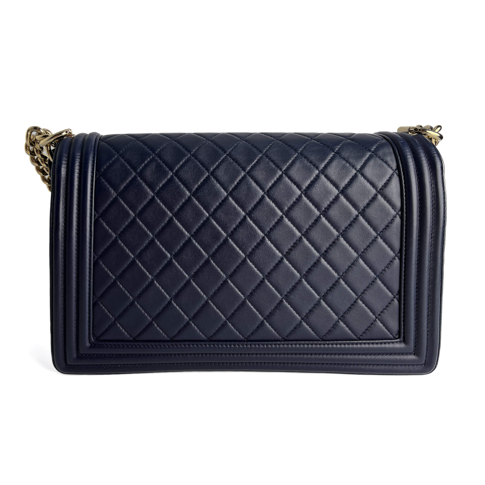 Chanel Boy Large Quilted Lambskin Leather 2-Ways Flap Bag Navy