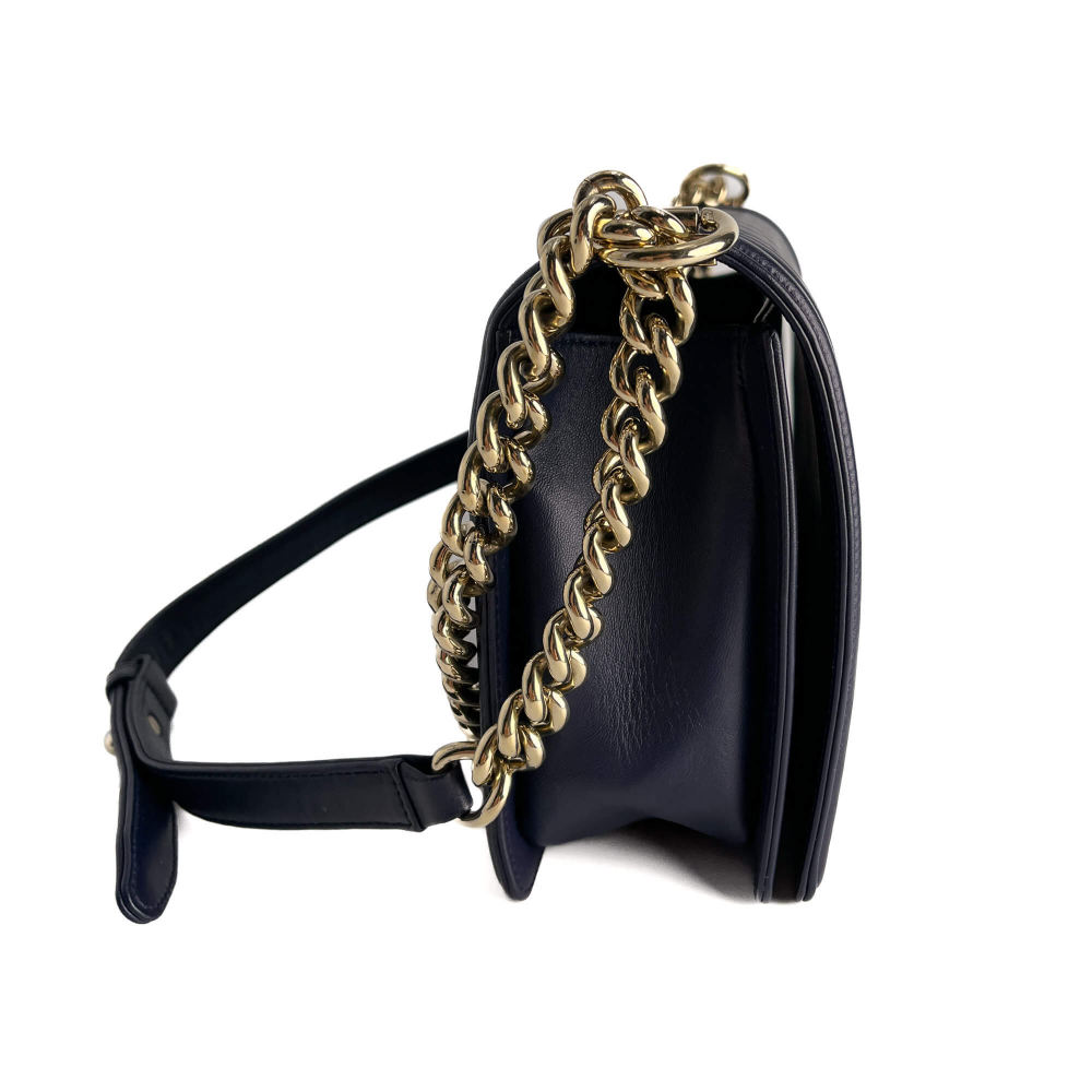 Chanel Boy Large Quilted Lambskin Leather 2-Ways Flap Bag Navy