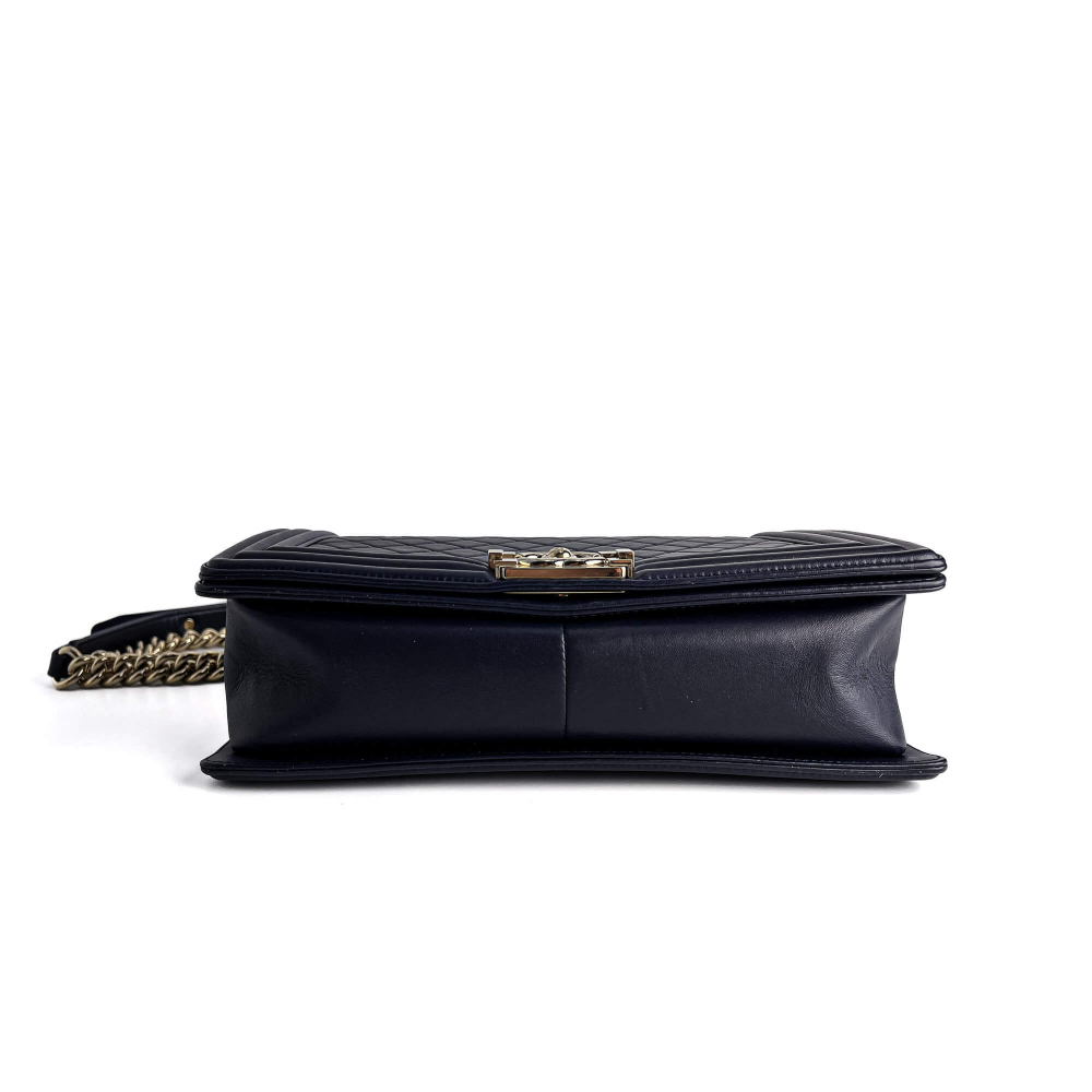 Chanel Boy Large Quilted Lambskin Leather 2-Ways Flap Bag Navy