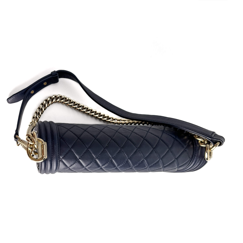 Chanel Boy Large Quilted Lambskin Leather 2-Ways Flap Bag Navy