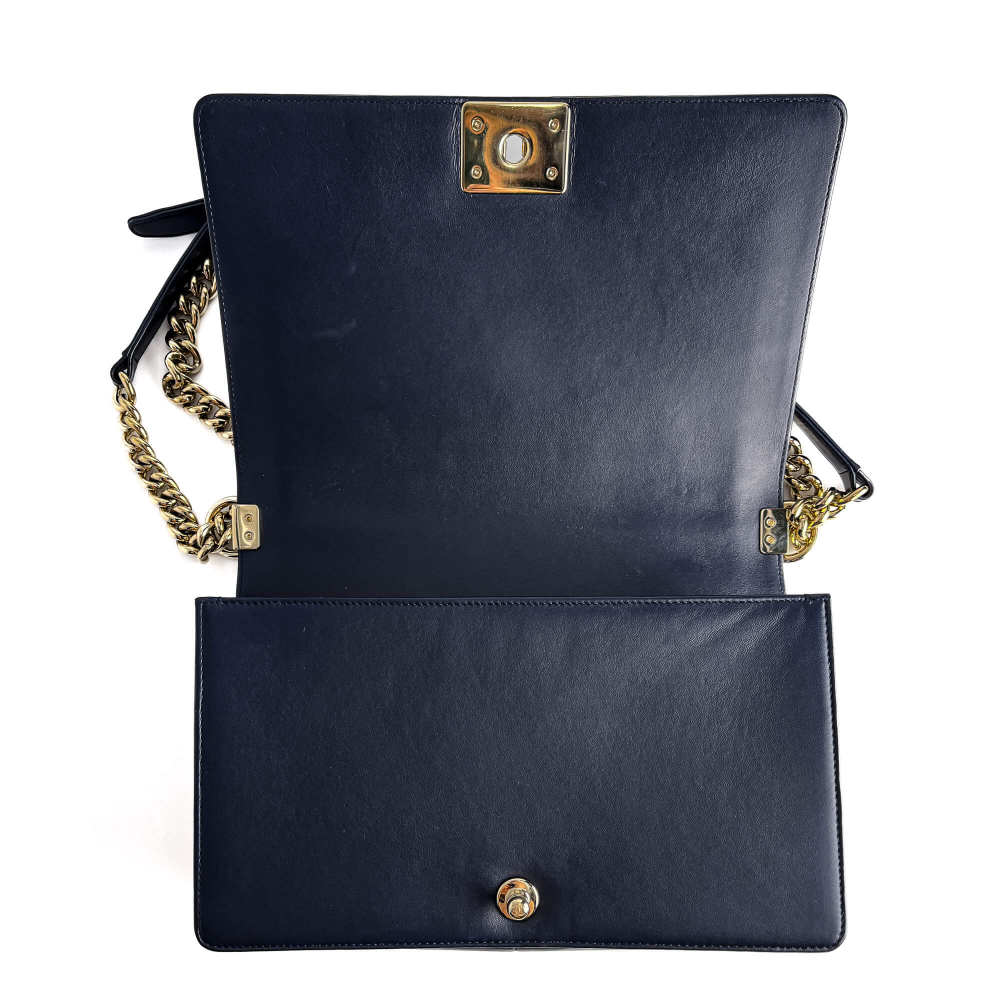 Chanel Boy Large Quilted Lambskin Leather 2-Ways Flap Bag Navy