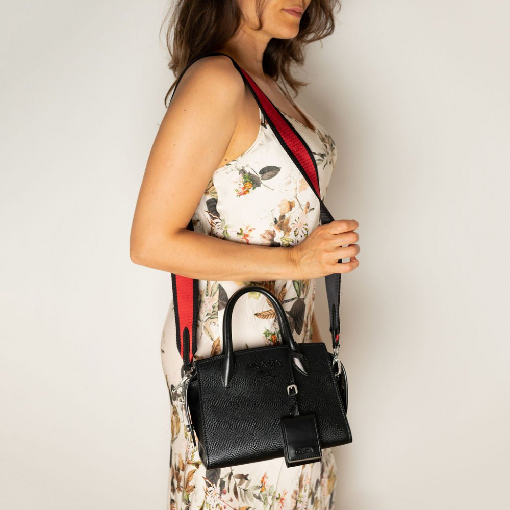 Prada Monochrome Mini Saffiano Leather Tote Handbag Black