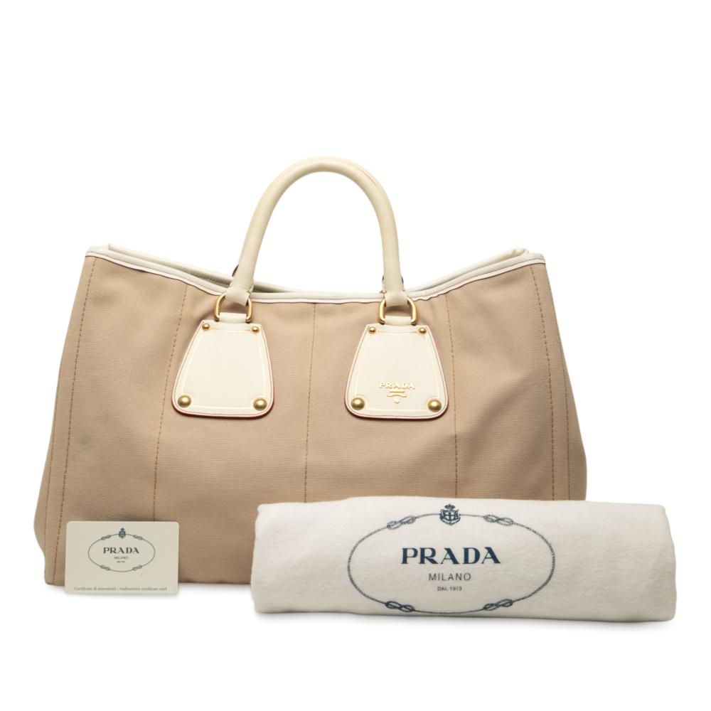 Prada B Prada Brown Beige Canvas Fabric Canapa Tote Italy