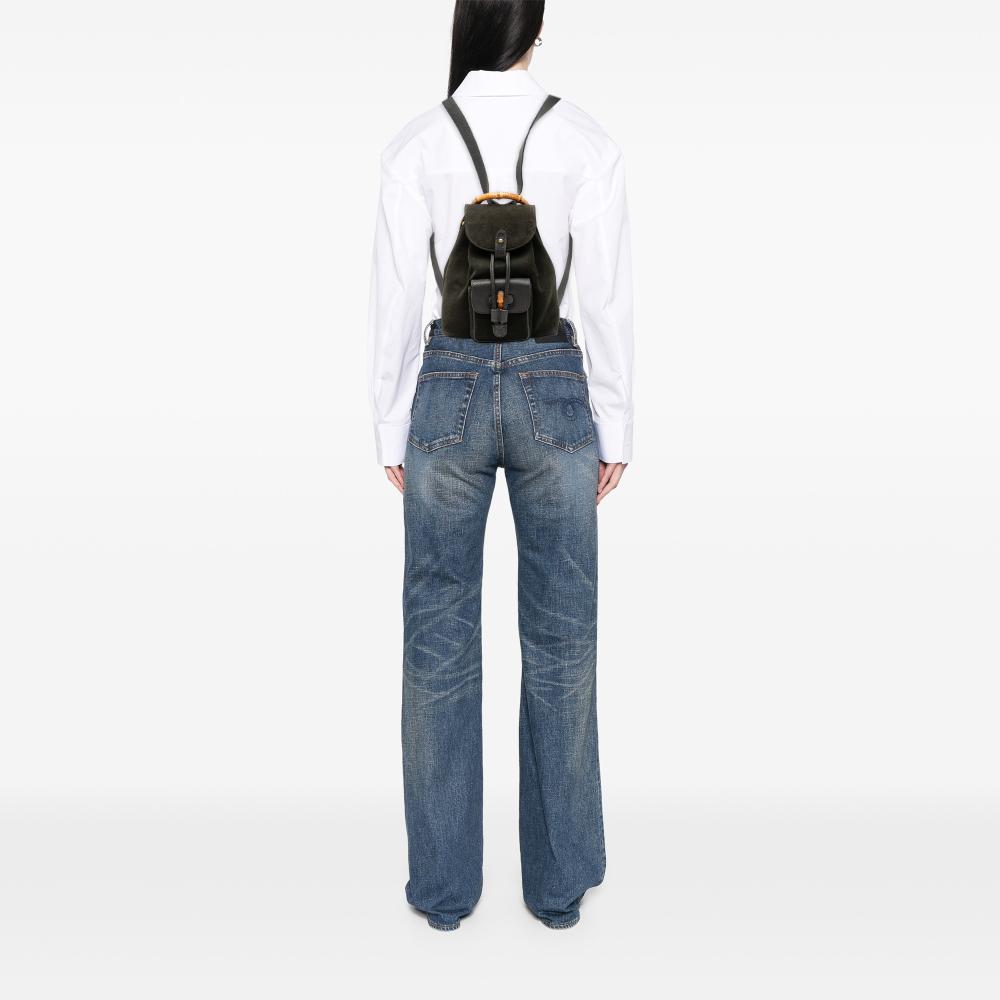 Gucci B Gucci Black Suede Leather Bamboo Drawstring Backpack Italy