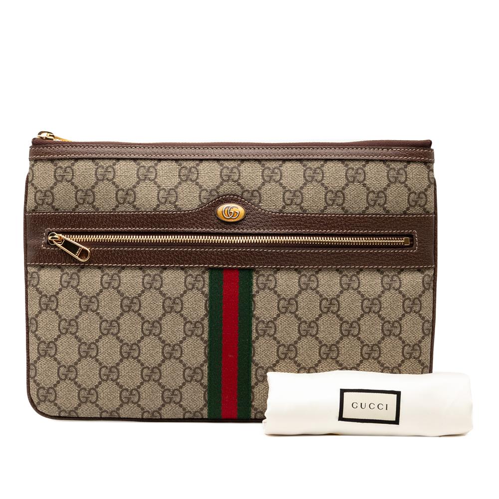 Gucci AB Gucci Brown Beige Coated Canvas Fabric GG Supreme Web Ophidia Clutch Italy