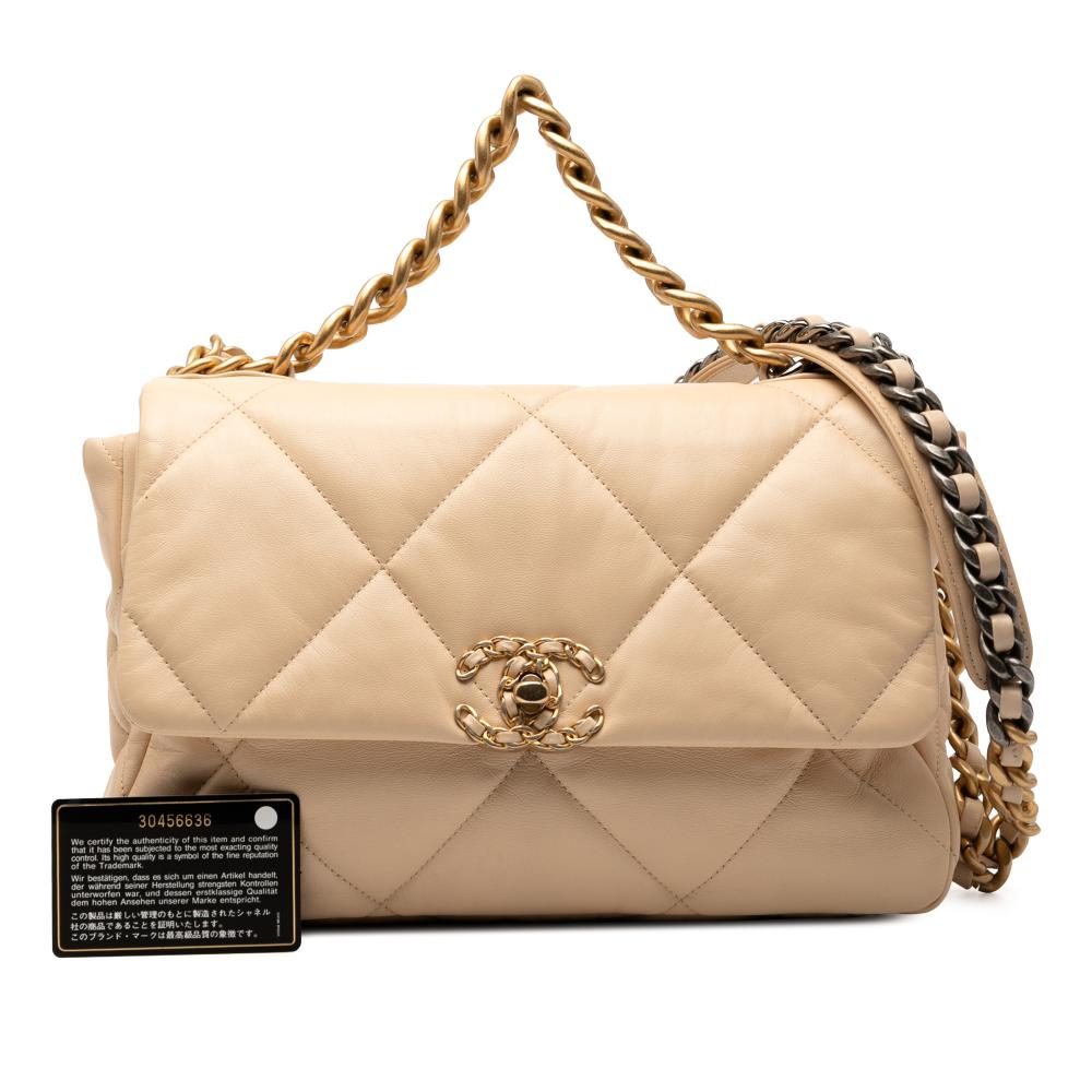 Chanel B Chanel Brown Beige Lambskin Leather Leather Large Lambskin 19 Flap France