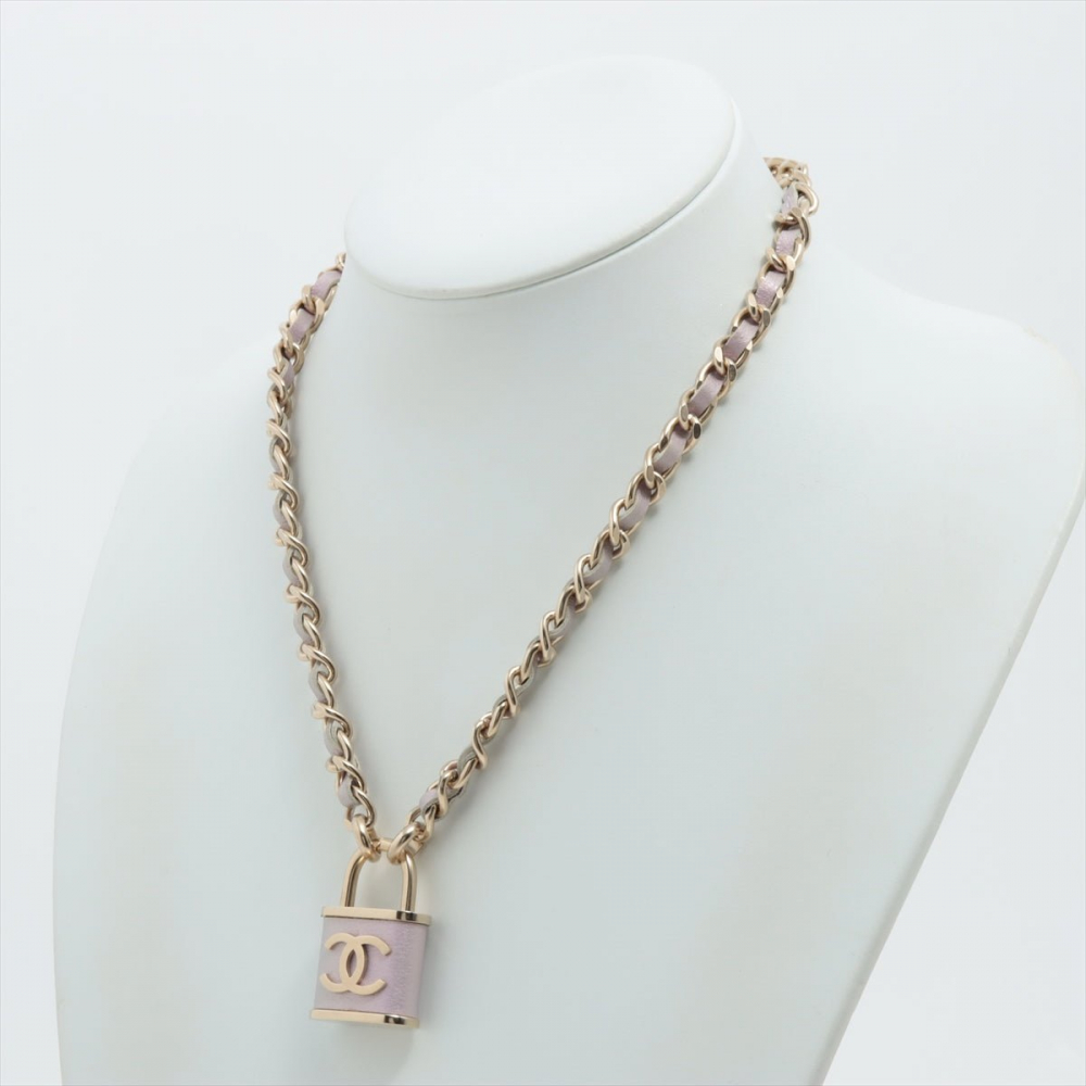 Chanel Coco Chain Necklace Padlock Purple Leather Gold