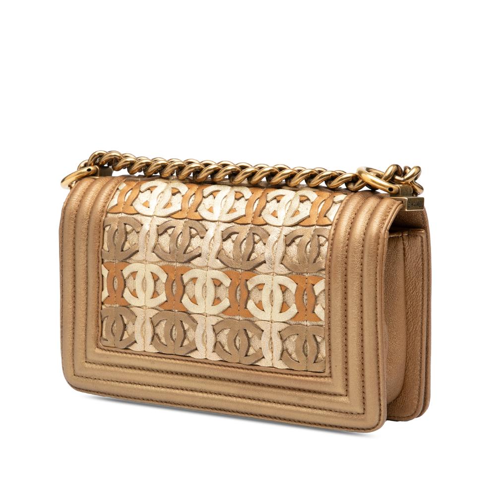 Chanel Brown Small Quilted Metallic Lambskin Interwoven CC Boy Flap Italy