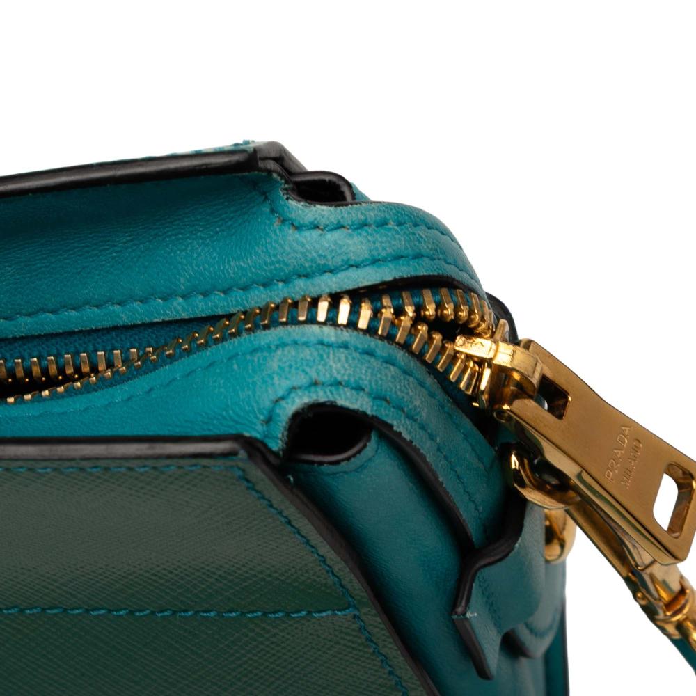 Prada B Prada Green with Blue Turquoise Saffiano Leather Bicolor Vernice Esplanade Crossbody Italy