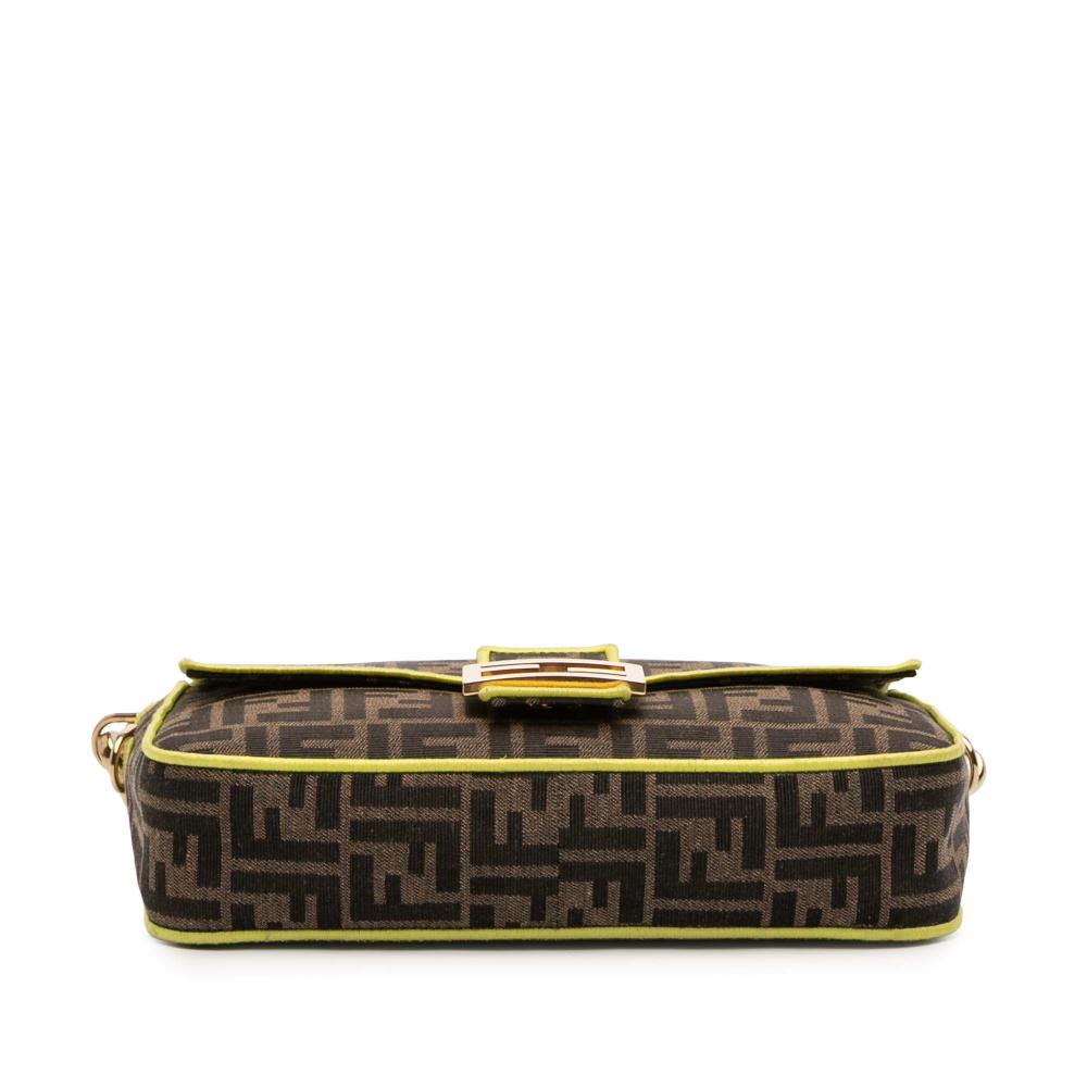 Fendi B Fendi Brown with Yellow Canvas Fabric Zucca Embroidered Baguette Satchel Italy