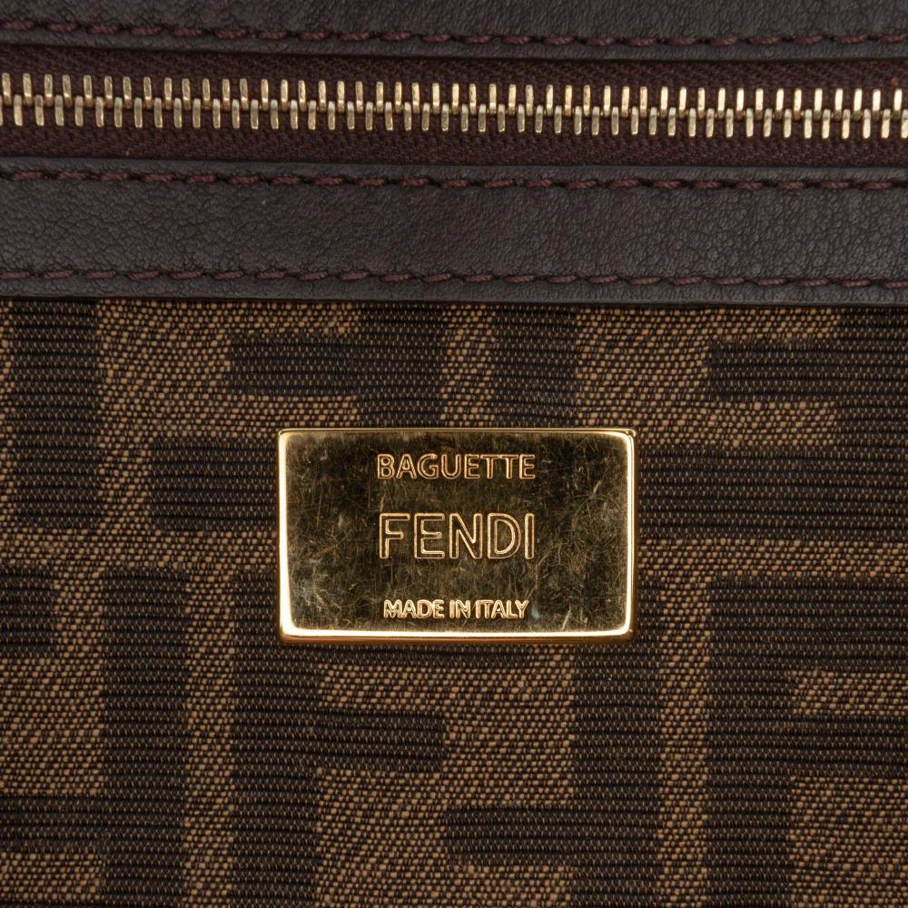 Fendi B Fendi Brown with Yellow Canvas Fabric Zucca Embroidered Baguette Satchel Italy