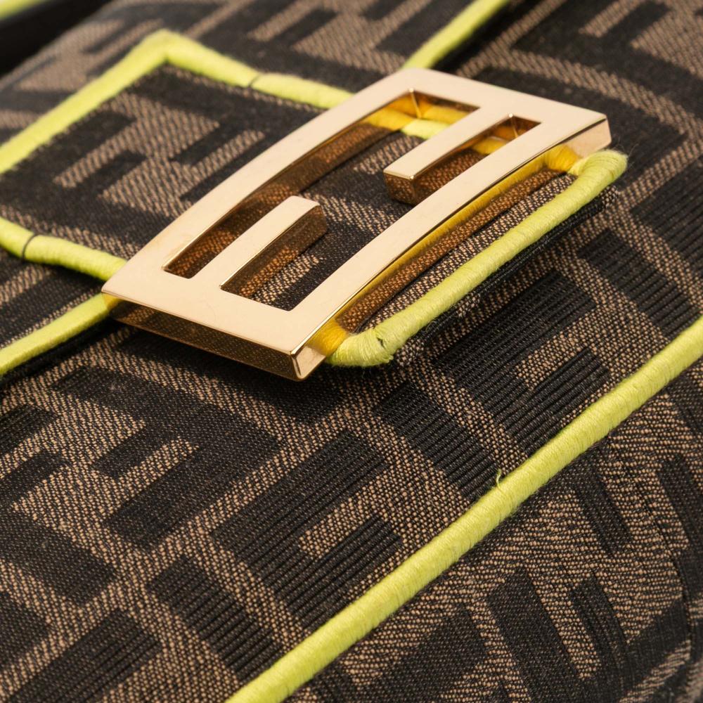 Fendi B Fendi Brown with Yellow Canvas Fabric Zucca Embroidered Baguette Satchel Italy