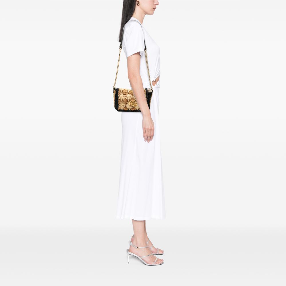 Gucci B Gucci Brown Beige with Black Raffia Natural Material Small GG Marmont Crossbody Italy