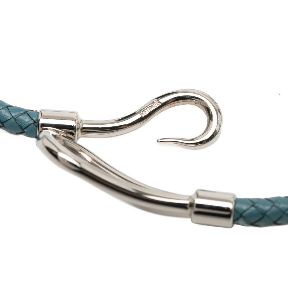 Hermès B Hermès Blue Light Blue Calf Leather Woven and Palladium Plated Jumbo Hook Choker Necklace France