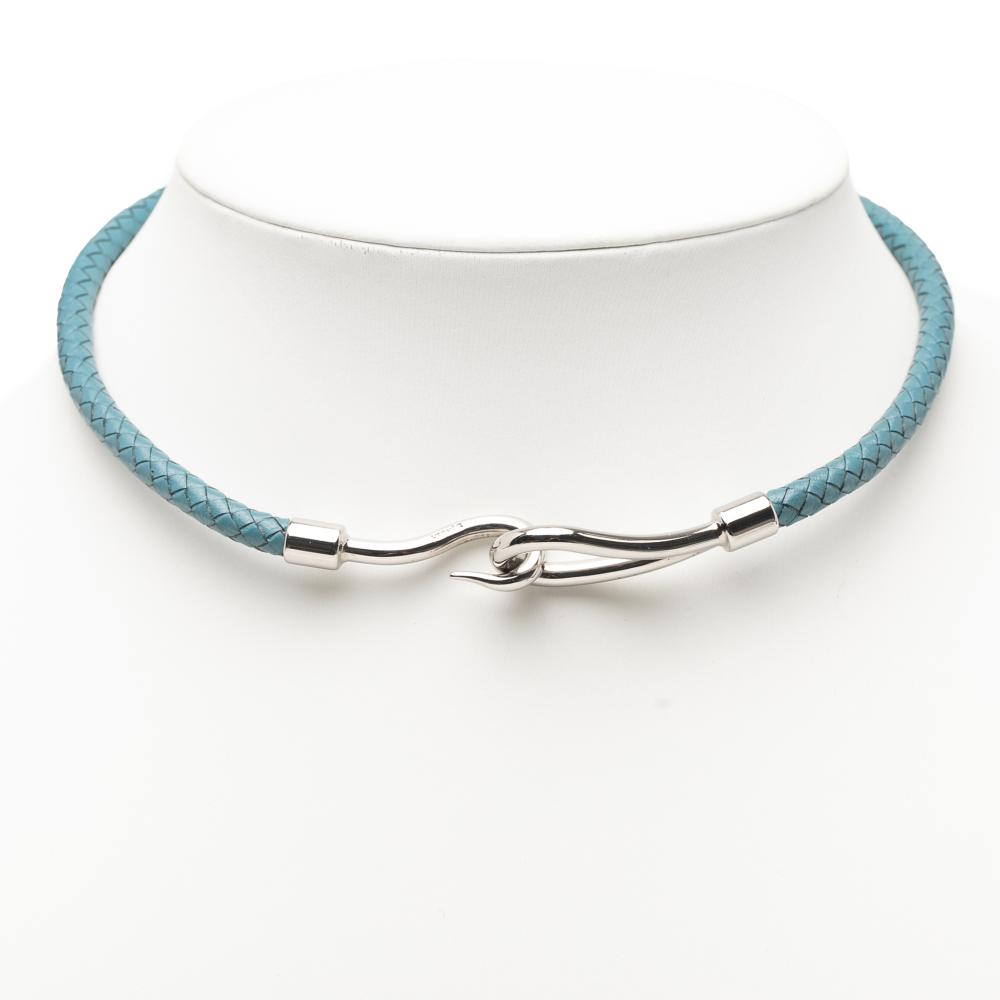 Hermès B Hermès Blue Light Blue Calf Leather Woven and Palladium Plated Jumbo Hook Choker Necklace France