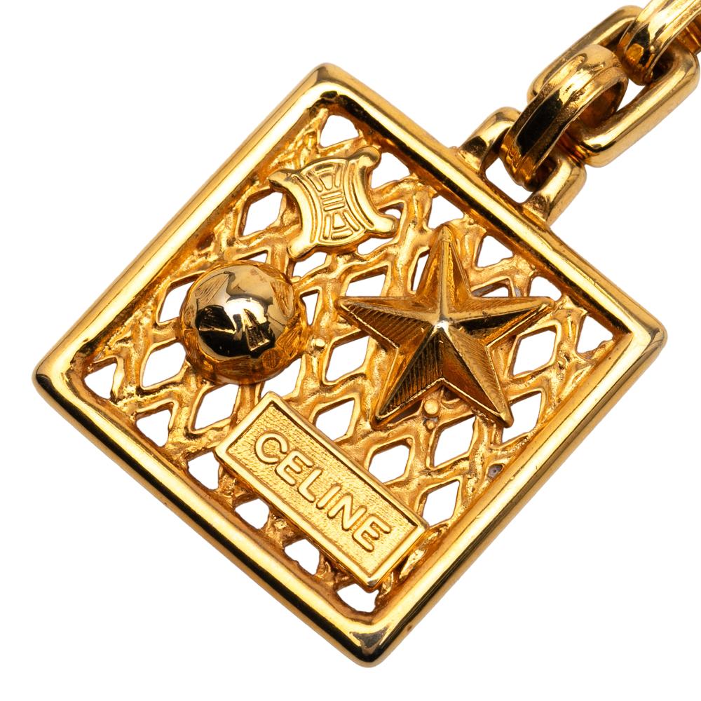 Celine B Celine Gold Gold Plated Metal Logo Star Square Key Ring Charm Italy
