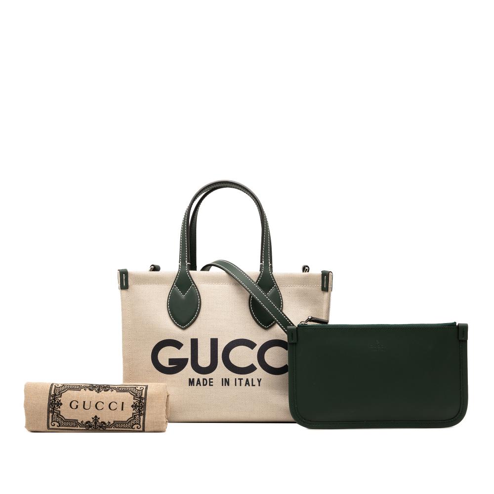 Gucci AB Gucci Brown Beige with Green Canvas Fabric Medium Logo Tote Italy