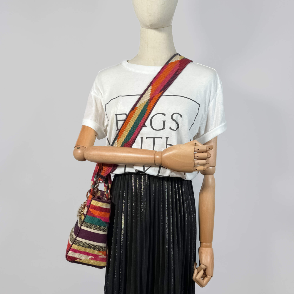 Christian Dior Lady D-Lite Medium Embroidery Canvas 2-Ways Tote Bag Multicolor