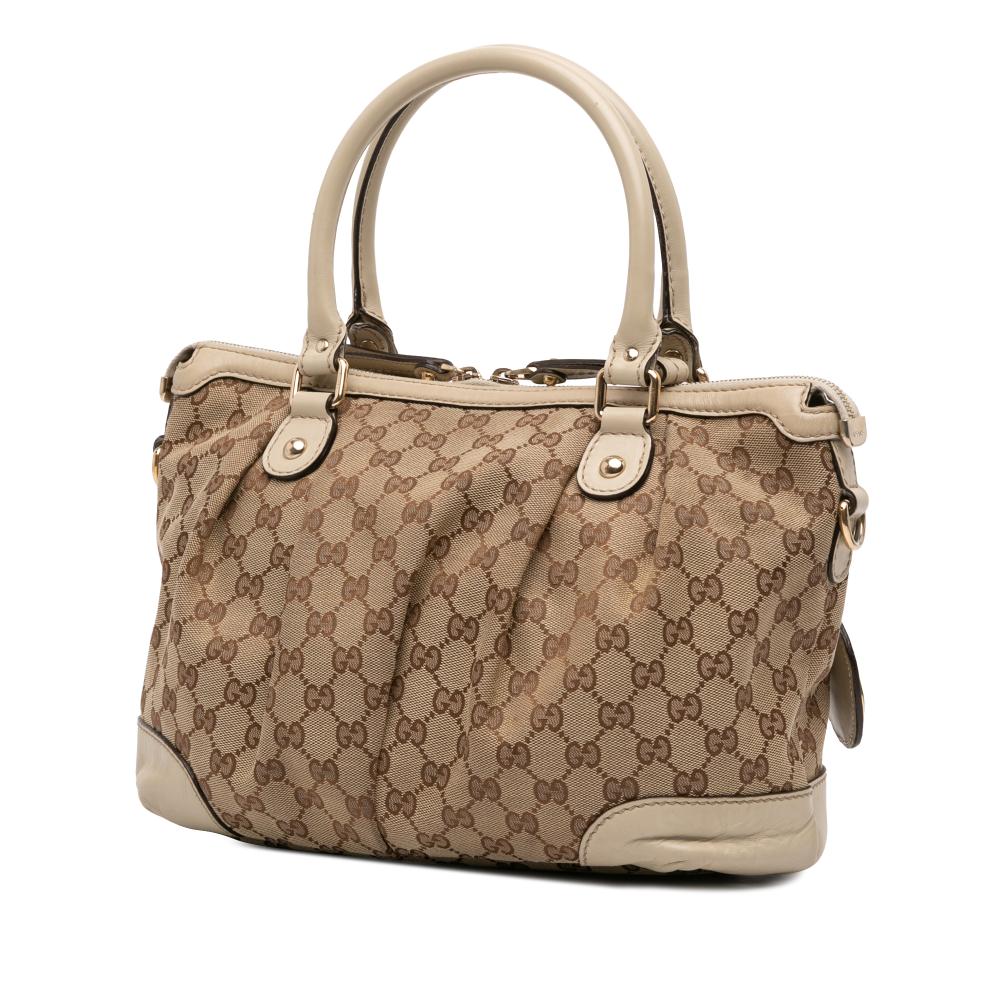 Gucci B Gucci Brown Beige Canvas Fabric GG Sukey Satchel Italy