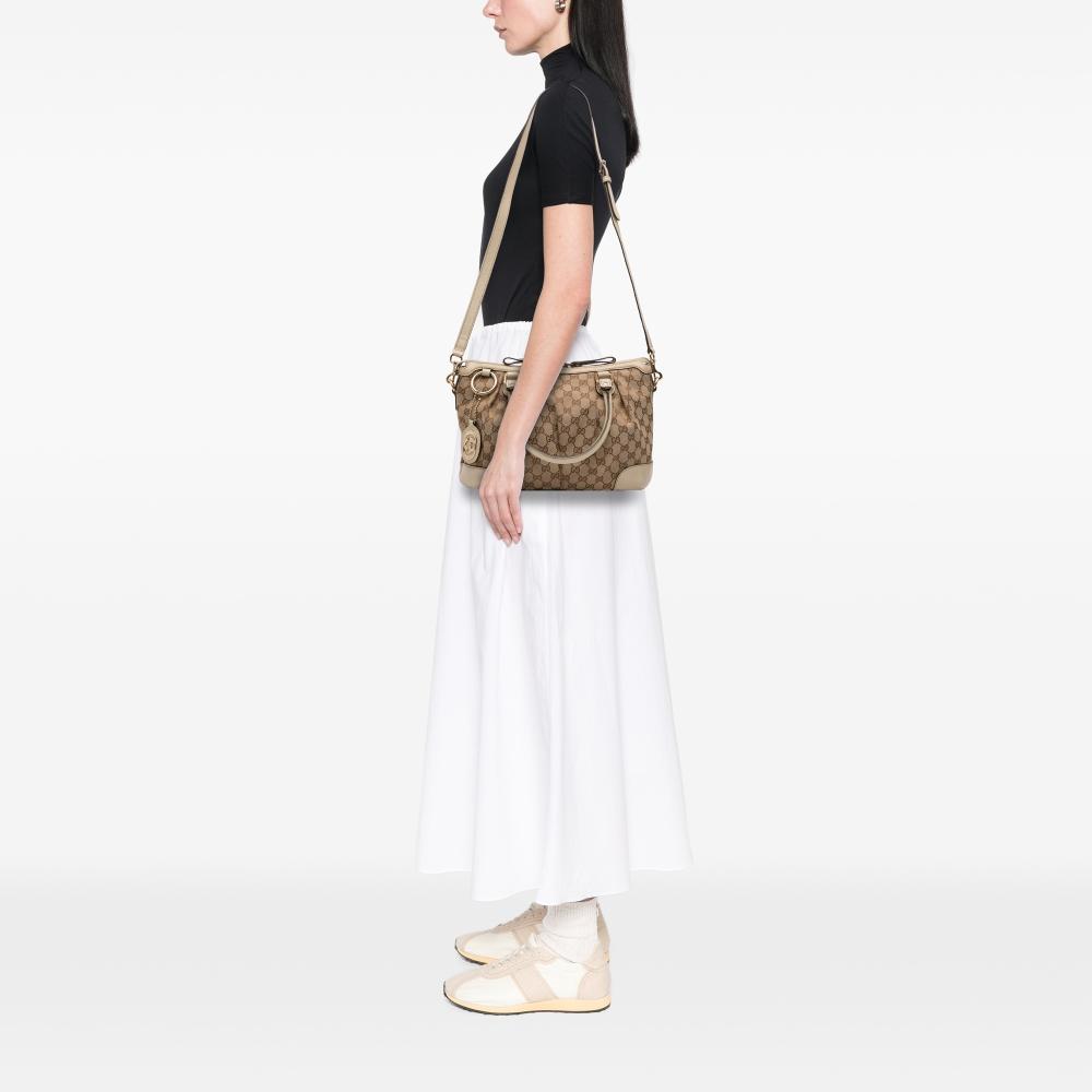 Gucci B Gucci Brown Beige Canvas Fabric GG Sukey Satchel Italy